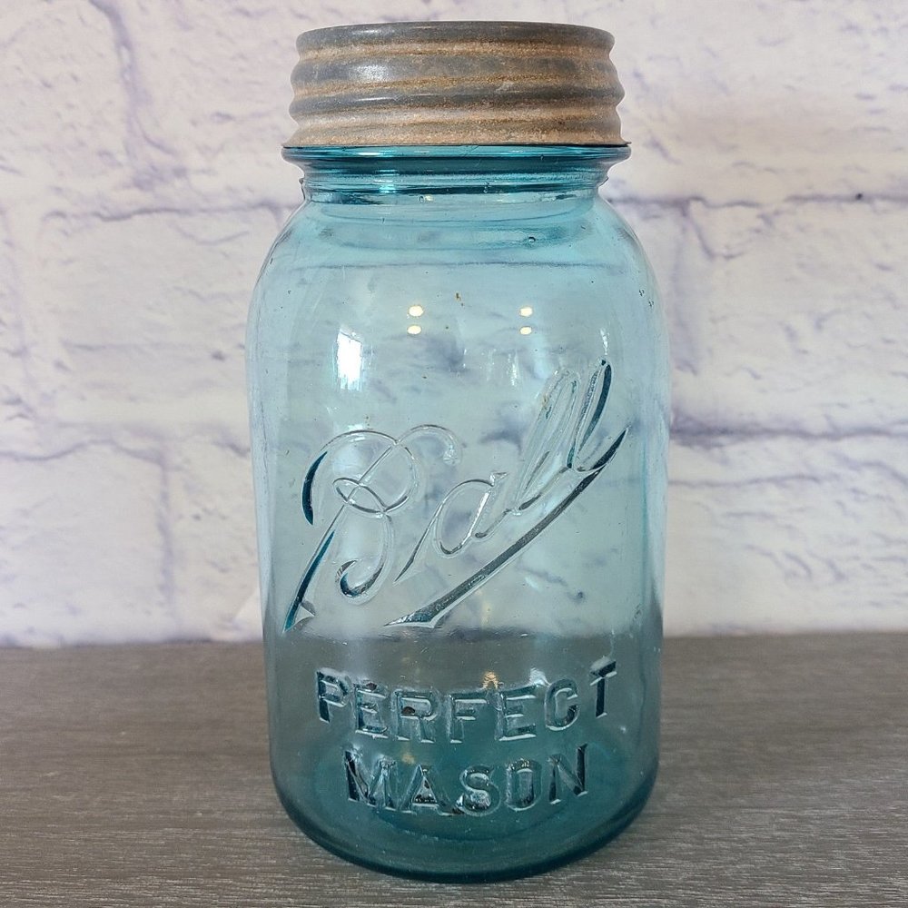 Vintage Ball Perfect Mason Blue Quart #1 Jar Aqua W/ Atlas Zinc Lid